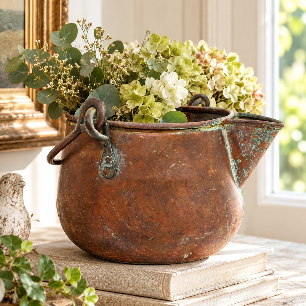 Antique Primitive Copper Kettle Cauldron Spout Iron Handle Verdigris Patina 6in